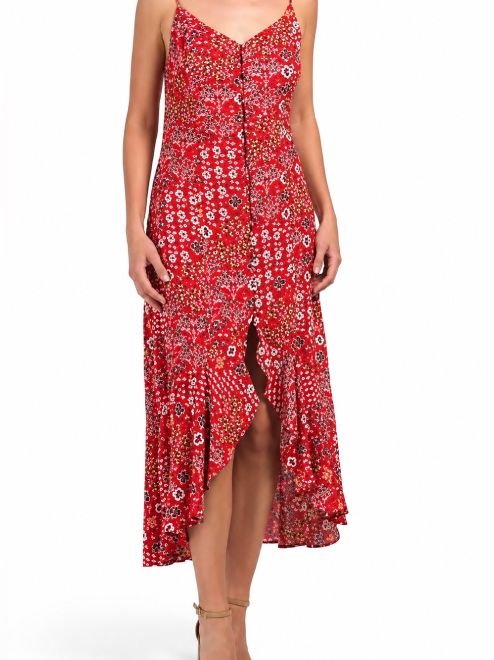 NWT Abel the Label Lola Red Floral Button Front High Low Midi Dress Small Boho